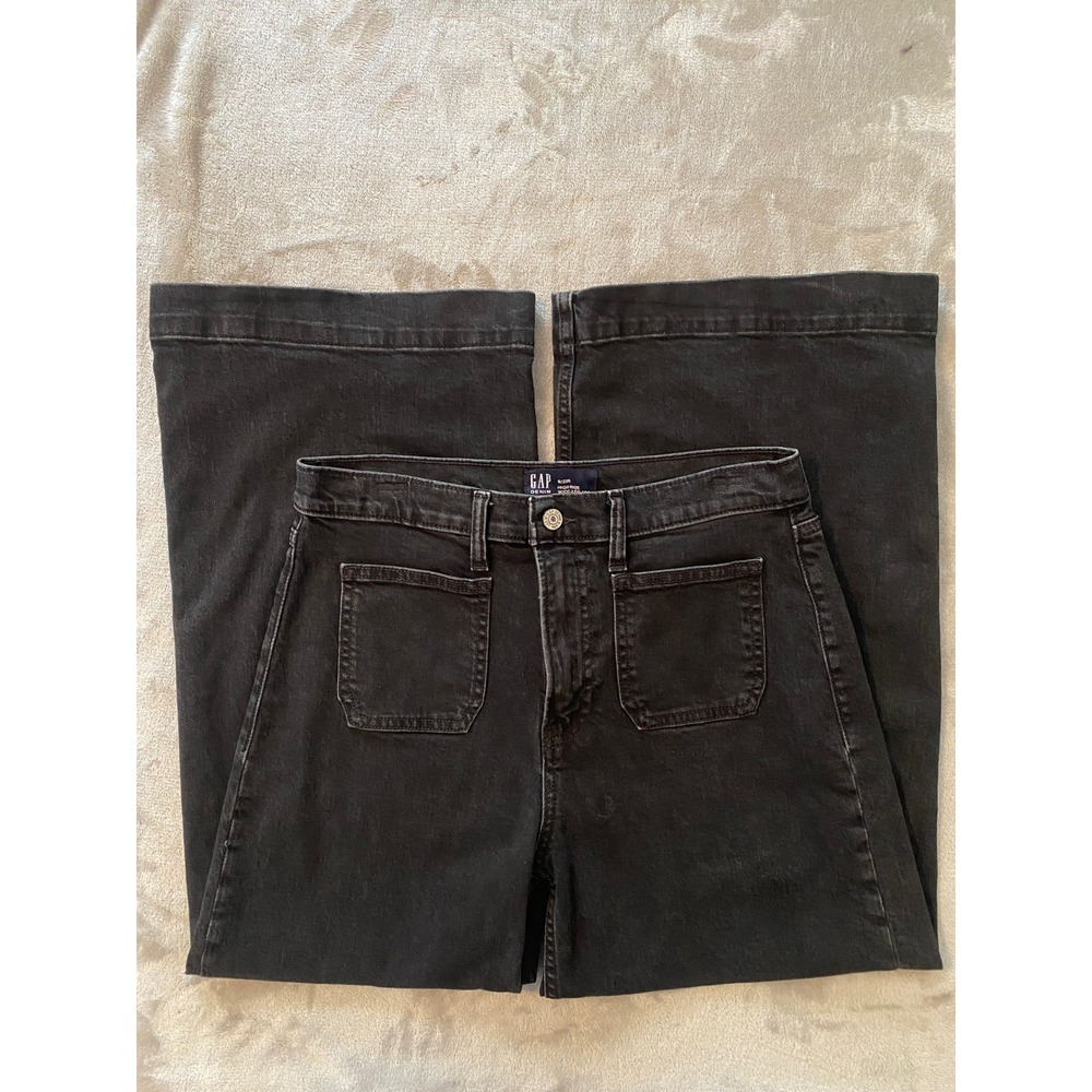 Gap Jeans Sz 8/29 Black High Rise Wide Leg Crop Patch Pocket Denim Streetwear
